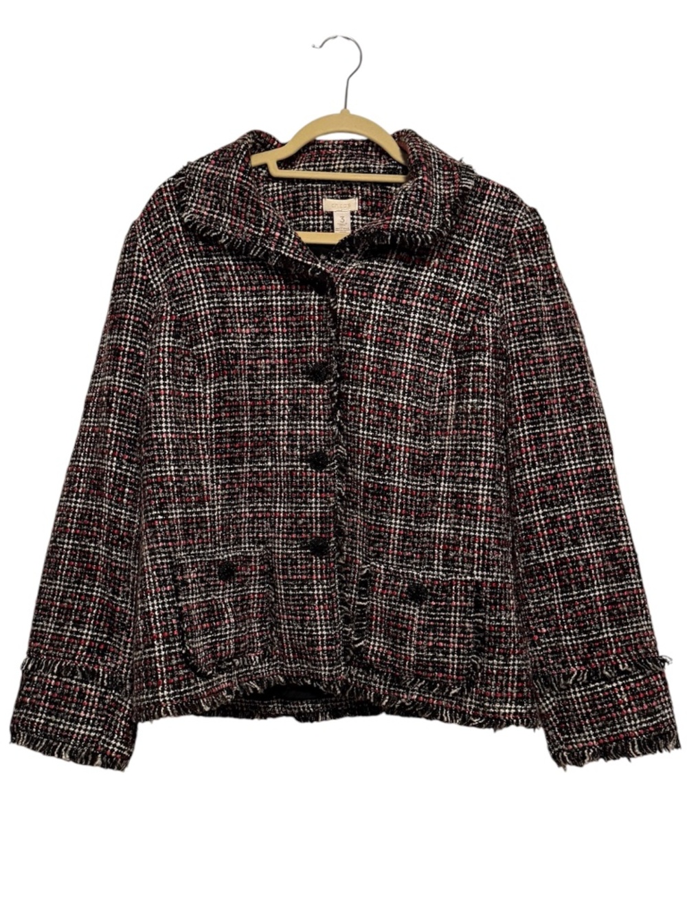 Chico's Black Red Plaid Tweed Fringe Blazer Size XL